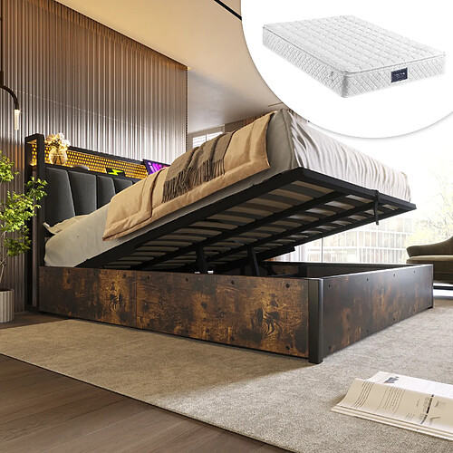 KOMHTOM Lit Métallique 160x200 cm, Matelas 720 Ressorts, LED App, USB, Rangement Hydraulique, Gris