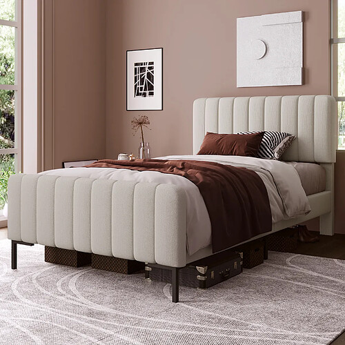 KOMHTOM Lit Simple Lin 90x200cm, Têtière Réglable 55cm, Cadre Lattes Pin, Pieds Métal