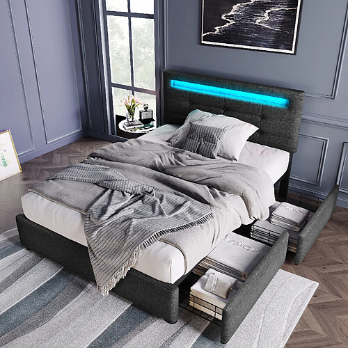 KOMHTOM Lit simple 90x200 avec LED télécommande, 2 tiroirs, cadre bois, tête réglable, gris