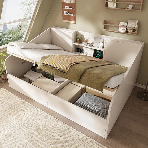 KOMHTOM Lit 140x190 cm, charge USB-C, étagères, sommier lattes, rangement hydraulique, blanc