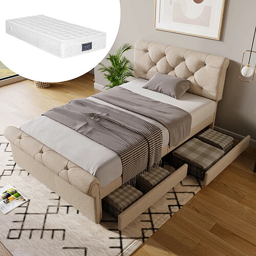 KOMHTOM Lit simple 90x200cm Chesterfield,têtière réglable,2 tiroirs,matelas 406 ressorts,naturel