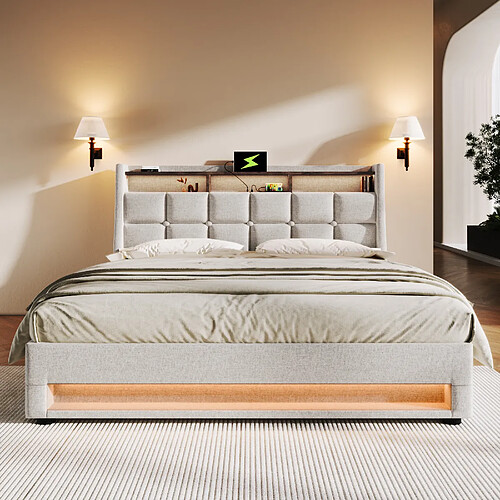 KOMHTOM Lit 140x200 cm, tête de lit USB LED, rangement hydraulique, sommier lattes, beige