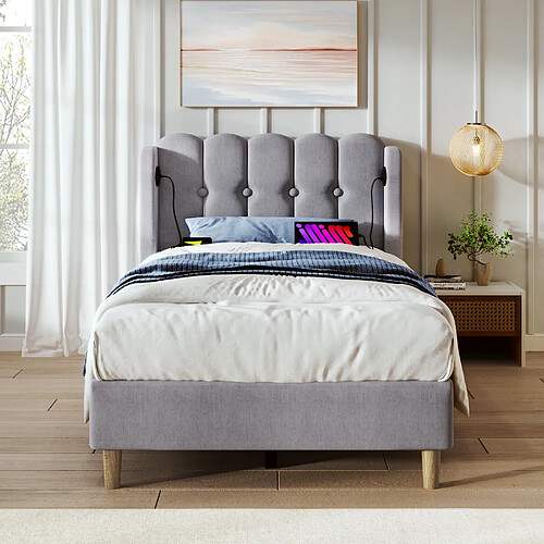 KOMHTOM Lit simple 90x200 cm, sommier inclus, tête de lit panel, USB-C, cadre robuste, lin gris