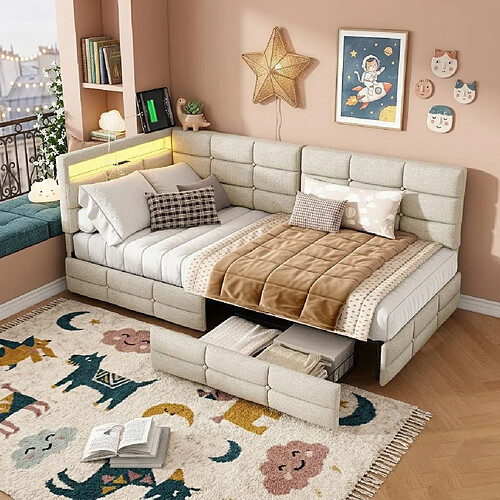 MEXUS Canapé Lit 90x200 cm avec LED et Prise USB, 2 Tiroirs, sommier à Lattes, Lin, Beige