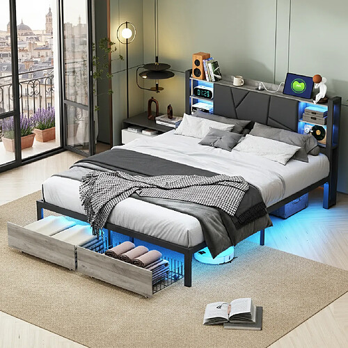 MEXUS Lit double 160x200cm avec tête de lit LED, étagère de rangement, port USB, 2 tiroirs, noir
