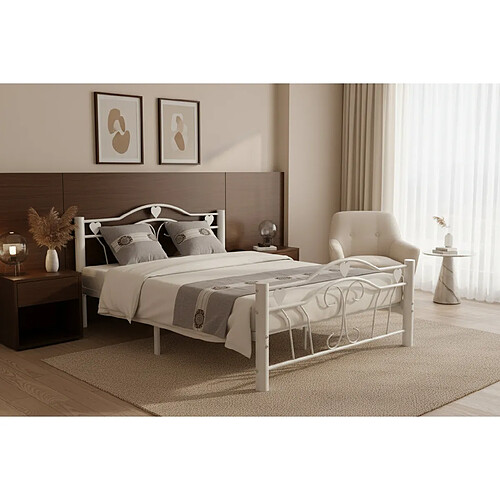 Homy France Lit métal blanc 140x190 cm avec sommier HERCULE