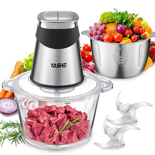 YASHE Hachoir Électrique avec 2 Bols- Mini Robot de Cuisine avec 4 Lames