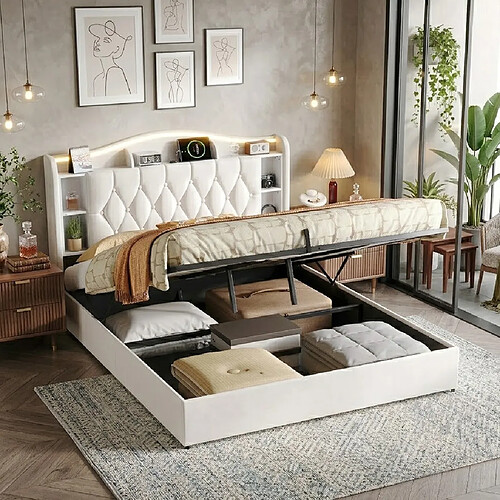 MEXUS Lit Coffre 140x200 avec Lumières LED, Prises USB, Sommier à Lattes, Tête de lit, Beige