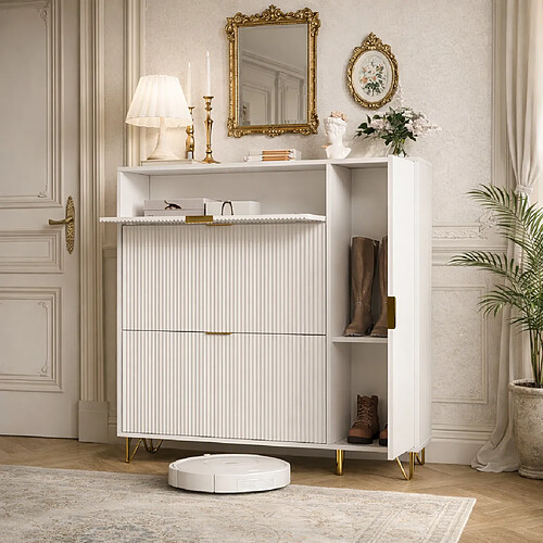 MEXUS Meuble à Chaussures Slim 110x24x118.5cm, Armoire à Chaussures Blanche avec 3 Tiroirs