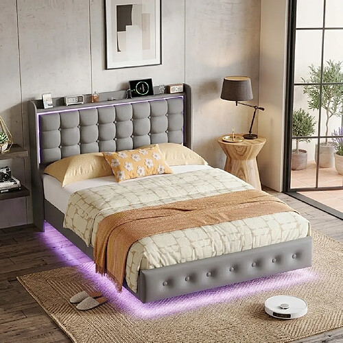 MEXUS Lit Double 140x200 cm, avec LED et Ports USB, Tête de lit avec Rangement Ouvert, Gris