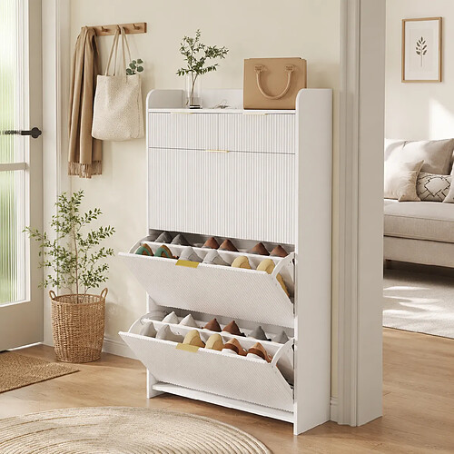 MEXUS Meuble à Chaussures avec 3 Abattants et 2 Tiroirs, Armoire à Chaussures, 77x24x133cm, Blanc