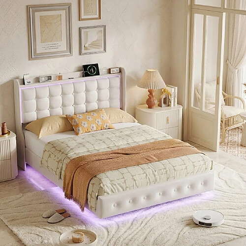 MEXUS Lit Double 160x200 cm, avec LED et Ports USB, Tête de lit avec Rangement Ouvert, Blanc