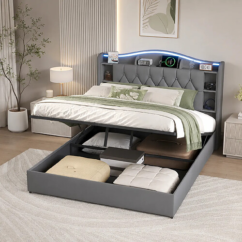 MEXUS Lit Coffre 140x190 cm, Éclairage LED, Prises USB/Type-C, sommier à lattes, Velours Gris