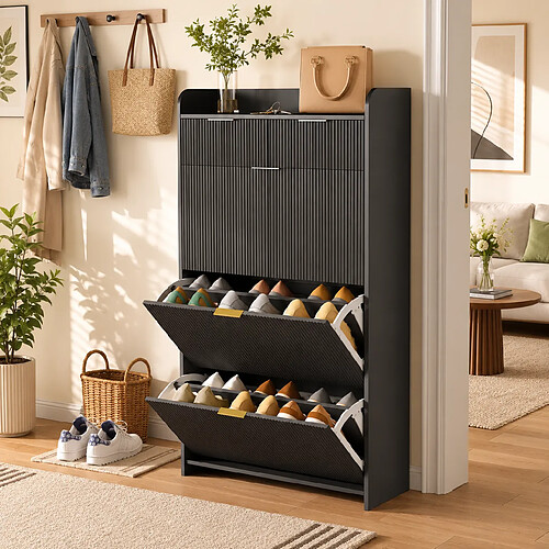 MEXUS Meuble à Chaussures avec 3 Abattants et 2 Tiroirs, Armoire à Chaussures, 77x24x133cm, Noir