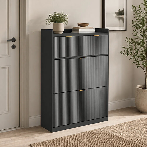 MEXUS Meuble à Chaussures Slim, Armoire à Chaussures avec 2 Tiroirs, 80x24x110cm, Noir