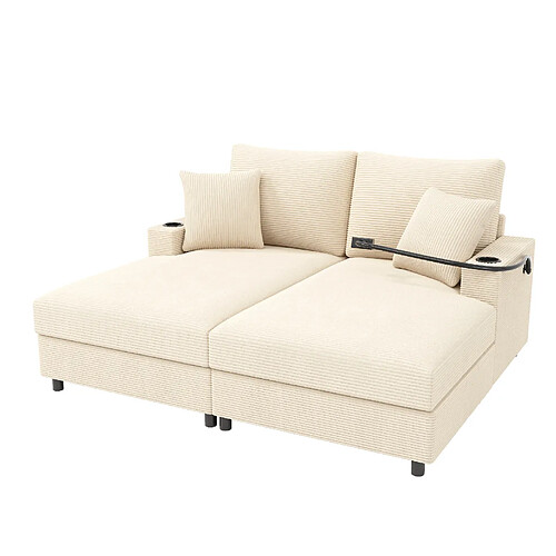 STILVORA Canapé convertible 163/140/82 cm beige en velours côtelé avec USB et porte-gobelets