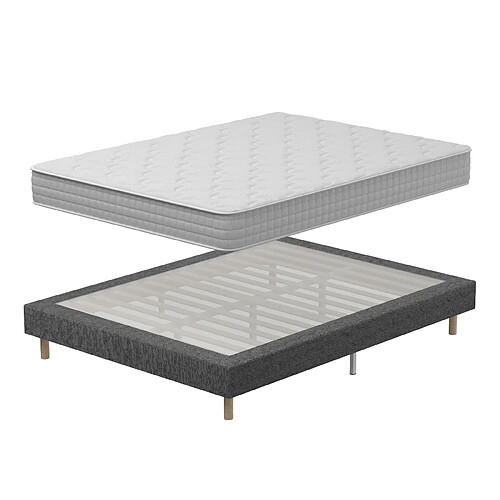 DEWINNER Sommier tapissé gris 160x200 + matelas ressorts ensachés 20 cm, 9 pieds fournis