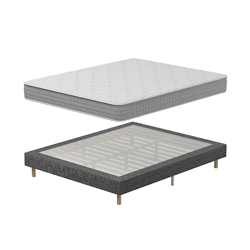 DEWINNER Sommier tapissé 140x190 + matelas à ressorts ensachés 20cm, 9 pieds inclus