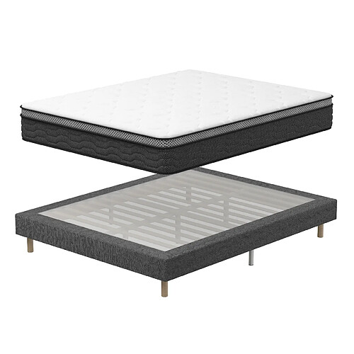 DEWINNER Sommier tapissé gris 160x200 + matelas ressorts ensachés 25 cm, 9 pieds fournis