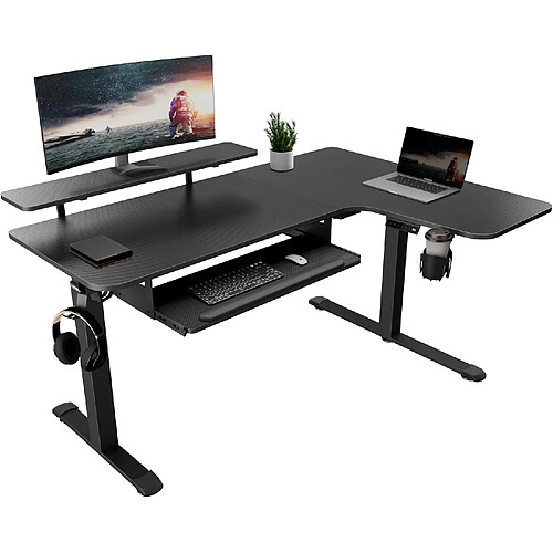 Bureau L électr. ajustable 155×110cm, plateau clavier, support écran LED