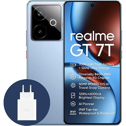 Realme GT 7T 8Go/256Go Chargeur inclus - Bleu
