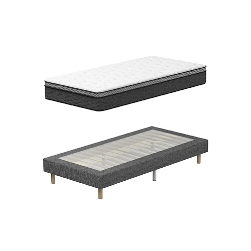 DEWINNER Sommier tapissé gris 90x190 + matelas ressorts ensachés 25 cm, 6 pieds fournis