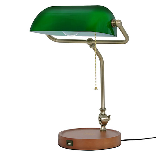 Lampe banquier vert/or doré bois USB Qi E27 40cm Kaja