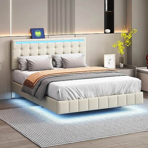 Lit Double -Superaly-lit 140x200cm - Lit Adulte Rembourré Flottant - LED USB - Lin - Beige