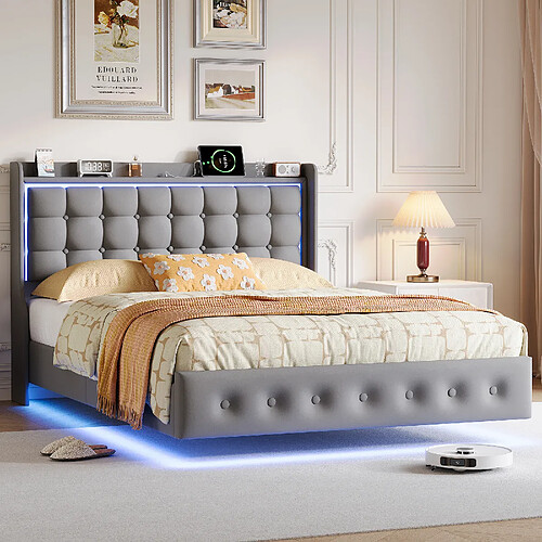 Lit Double -Superaly-lit 140x200cm - Lit Rembourré Flottant - LED Et USB - Velours - Noir