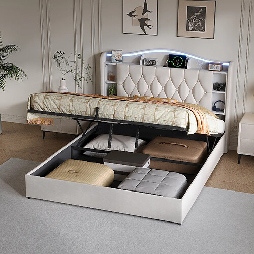 Lit Double -Superaly-lit 140x190cm - Lit Coffre Hydraulique - LED Et USB - Velours - Beige
