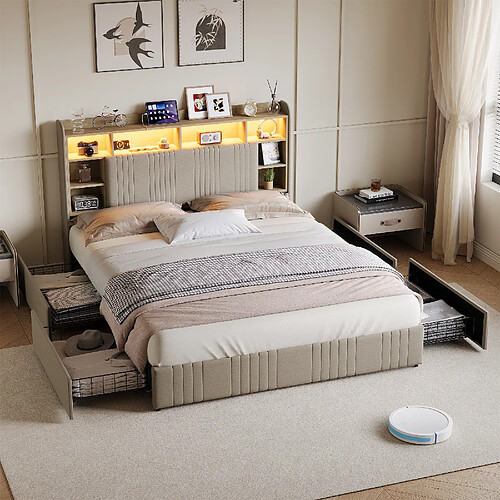 Lit Double -Superaly-lit 140x200cm - Lit Rembourré - 4 Tiroirs - LED Et USB - Lin - Beige