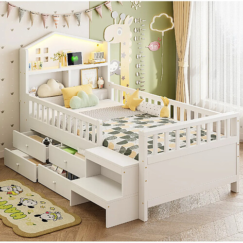 Lit Enfant 90x200 cm - Modenvie - rangement et LED avec USB - Bois - Blanc