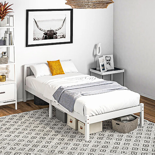 Lit Simple 90x200 cm - Modenvie - sommier inclus en bois - Blanc