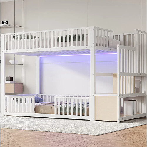 Lit Enfant Superposé 90x200 cm - Modenvie - LED avec rangement - Blanc