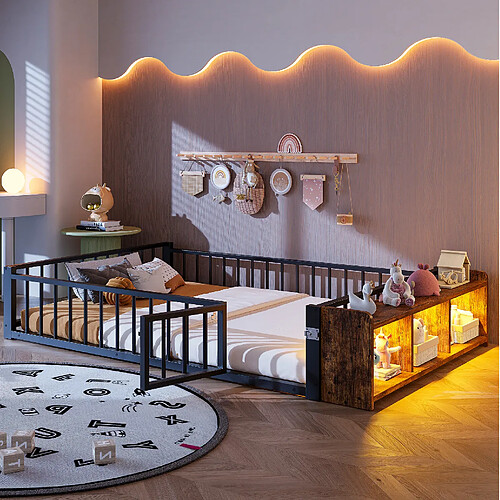 Lit Enfant 140x200 cm - Modenvie - rangement ouvert avec LED - Noir
