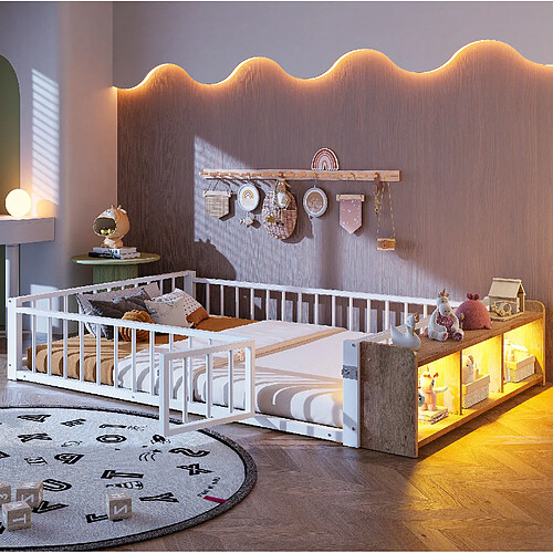 Lit Enfant 140x200 cm - Modenvie - rangement ouvert avec LED - Blanc