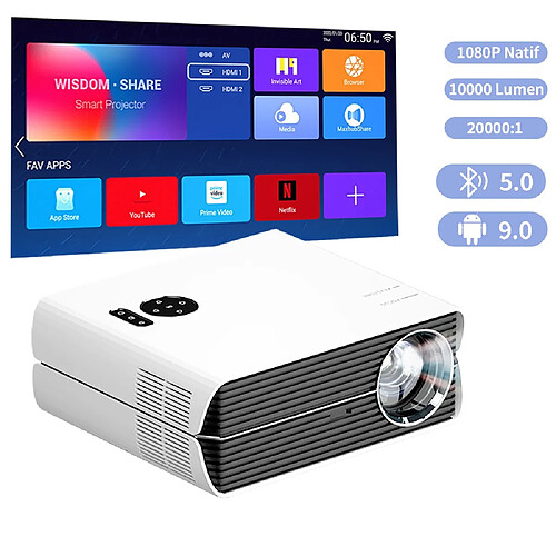 TROISC Videoprojecteur 1080p 10000 Lumens Android TV Bluetooth WiFi Projection côté Trapèze Auto