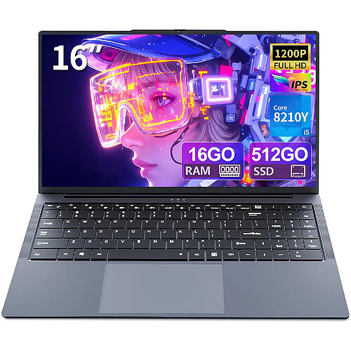 VANWIN PC Portable 16" Full HD-Intel Core i5-8210Y (jusqu'à 3,6GHz)-Windows 11 Pro-Clavier RJ45