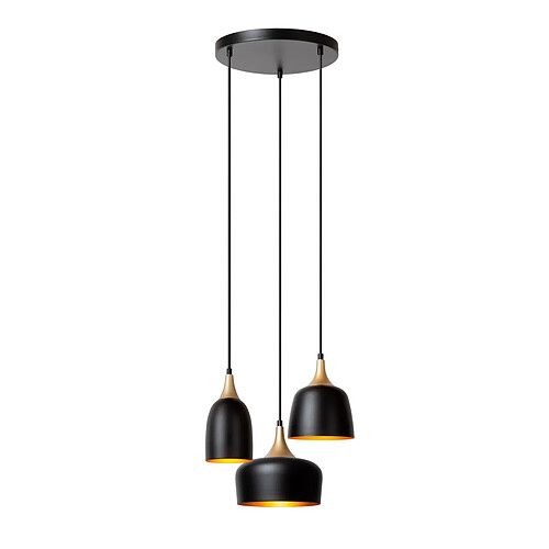 Lucide Suspension moderne noire et dorée ? 3 abat-jours calice, 3xE14, hauteur réglable