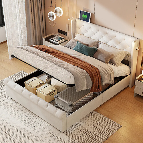 Lit double - Superaly - 140x190cm - avec lampe de lecture et port USB - Velours - Beige
