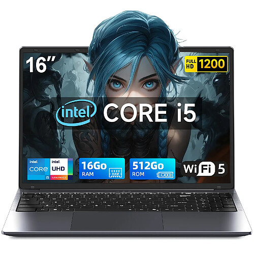 VANWIN PC portable 16"-Intel Core i5-8210Y-16Go RAM 512Go SSD-Windows 11PRO-WFI5