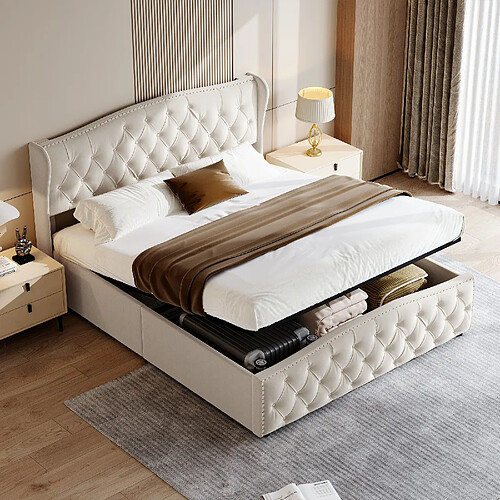 Lit rembourré - Superaly - 140x200cm - Tête de lit ondulée à rivets - Velours - Beige