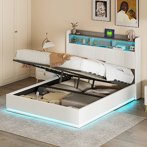 Lit rembourré - Superaly - 140x200cm-avec éclairage LED et tête de lit avec rangement-Beige