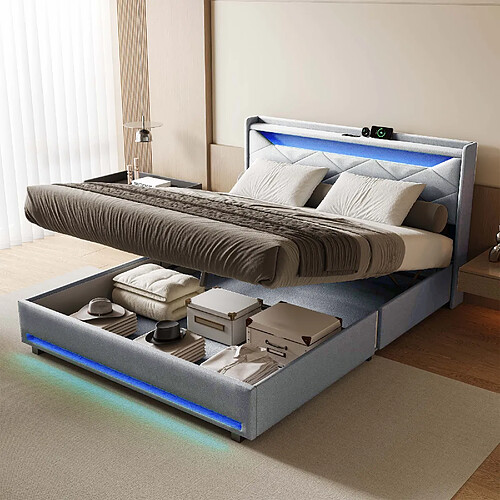 Lit double - Superaly - 140x200cm - avec LED et USB - gris