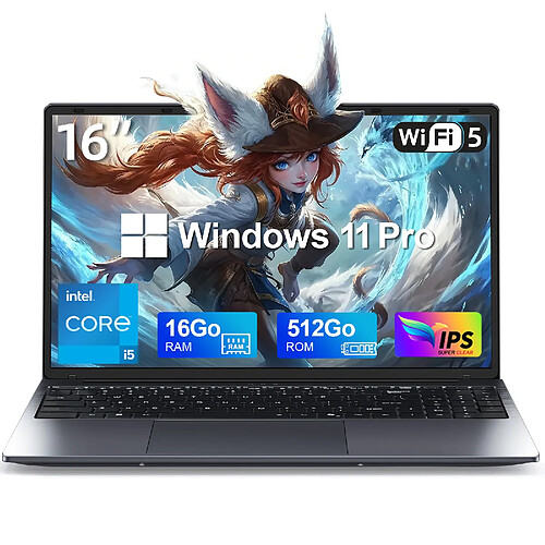 VANWIN PC portable 16-Intel Core i5-8210Y(Jusqu'à 3,6 GHz)-16Go RAM 512Go SSD-Windows 11pro