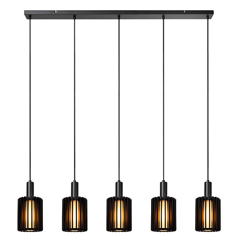Suspension moderne noire sur barre, 5 abat-jour cylindriques E27, Lucide