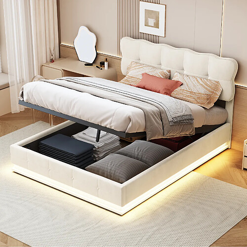Lit rembourré - Superaly - 140x200cm - avec éclairage LED et système hydraulique - Beige