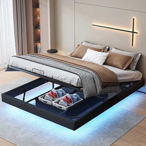 Lit suspendu - Superaly - 160x200cm - avec éclairage LED et sans tête de lit - Noir