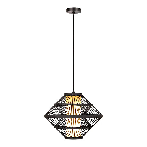 Suspension japandi noire en bois et métal, abat-jour géométrique 40 cm, E27 40W, Lucide