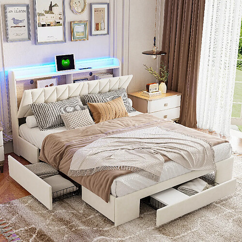 Lit rembourré - Superaly - 140x200cm - avec 3 tiroirs et éclairage LED - Velours - Beige